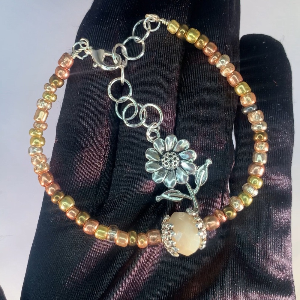 HONEY BLOSSOM — Designer Glass Seed Beaded Bracelet with Copper & Flower Charm